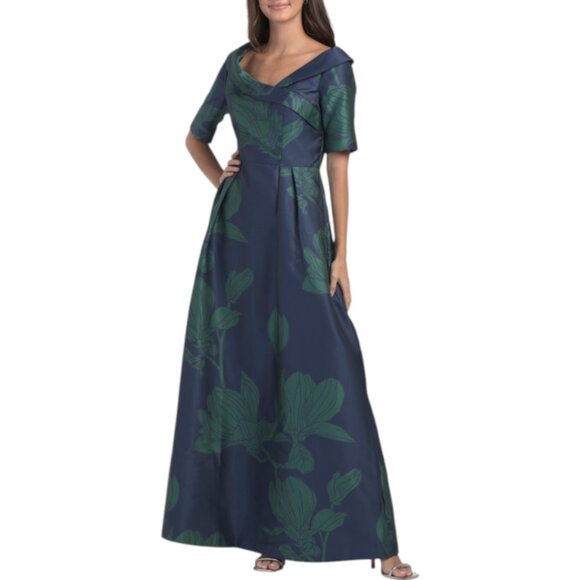KAY UNGER Dresses & Skirts - KAY UNGER Marine Blue Coco Three-quarter Sleeve Floral Mikado Gown